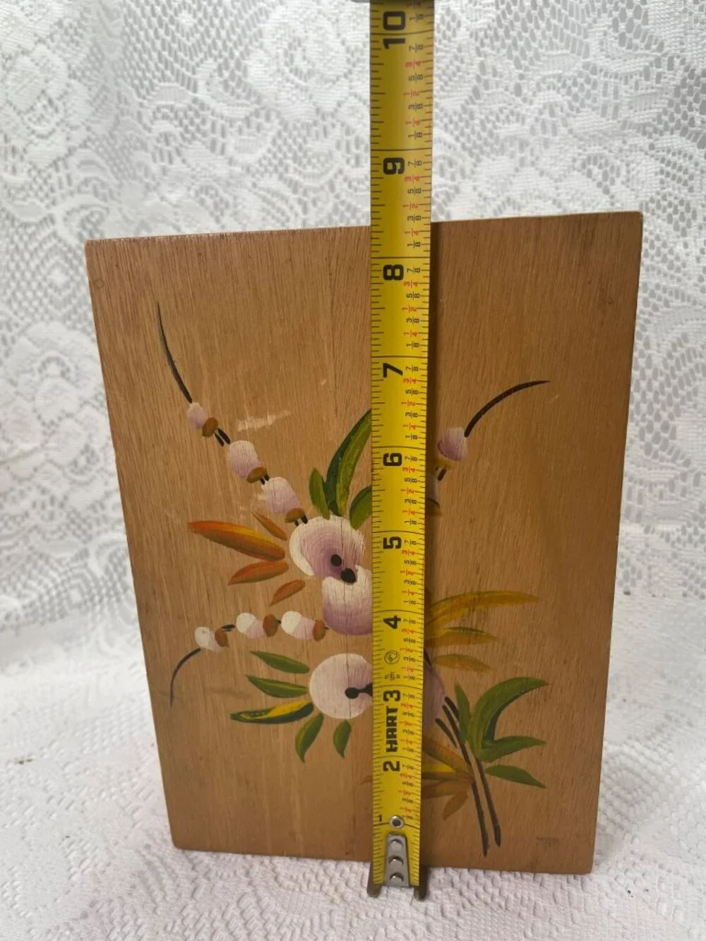 Handmade Wooden Jewelry Box With Floral Hand-Painted Design Red Felt Interior &